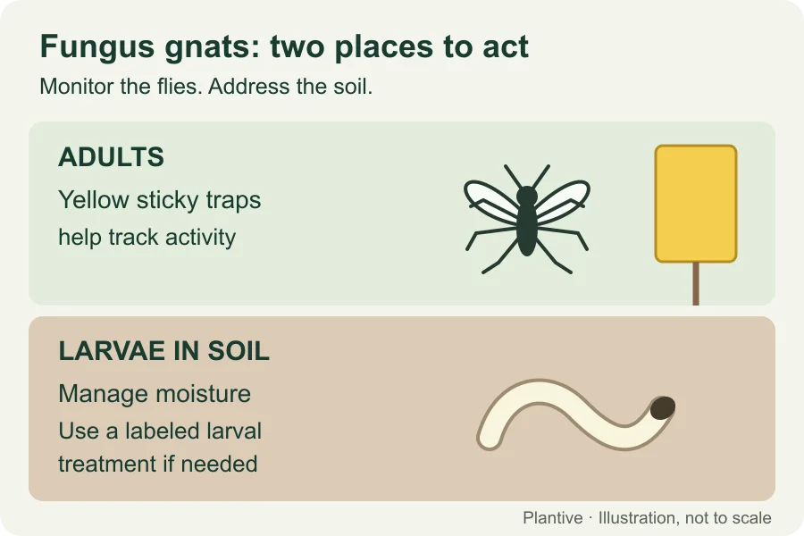 Diagram showing adult fungus gnats above soil and larvae in soil, with different controls for each stage